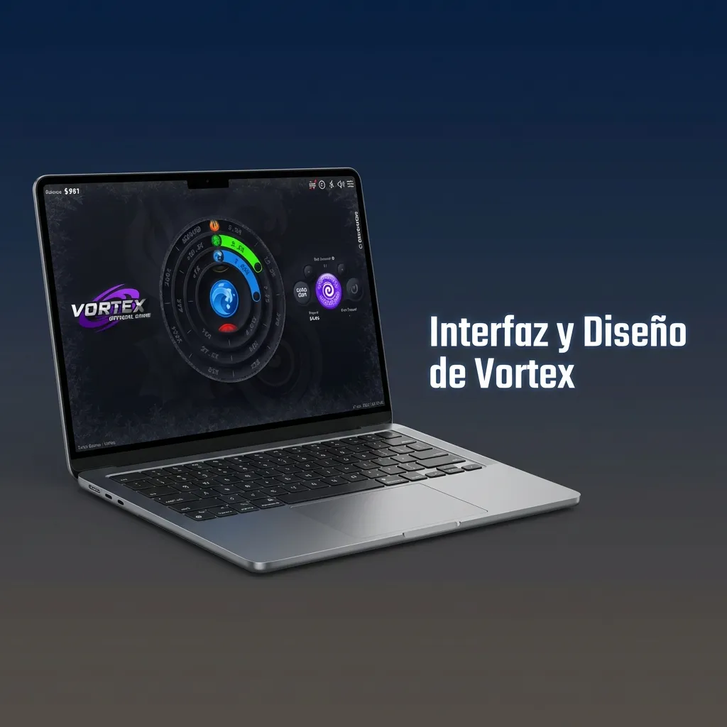 Interfaz minimalista de Vortex mostrando vórtice central, multiplicadores en tiempo real y controles de apuesta simplificados