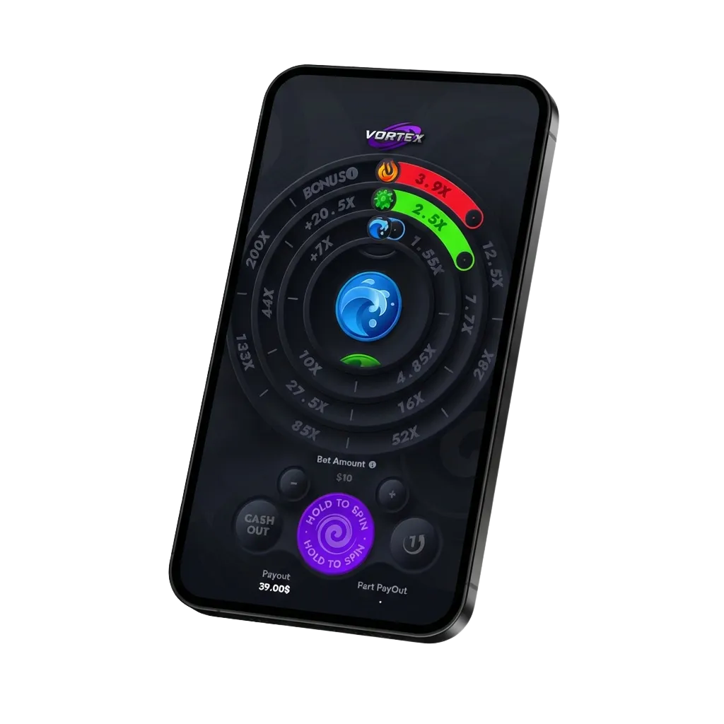 Smartphone displaying Vortex casino game app with colorful interface and Argentine peso deposit options on screen