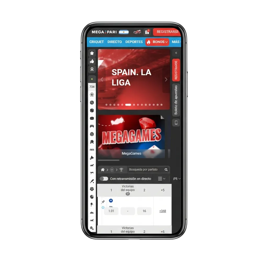 MegaPari Vortex mobile app interface showing Android and iOS download options for Argentine players